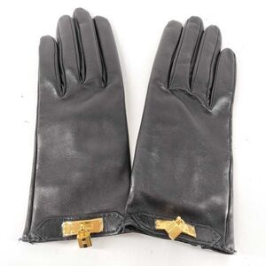Hermès Kelly Black Leather Gloves with Gold Hardware - Size Medium